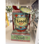 Decorative mug gift set with "Friends" text and floral patterns