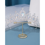 Sparkling rhinestone tiara on a gold display stand