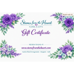 Floral gift certificate with purple and blue flower corners