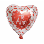 Heart-shaped red balloon with white hearts and "Te Amo" text