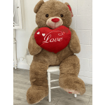 Large teddy bear holding a red heart pillow with the word Love