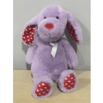 Purple plush bunny with red heart-patterned ears and paws