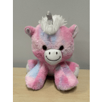 Pink and pastel unicorn plush toy with a silver horn