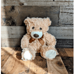 Light brown teddy bear with a bow sitting on rustic wooden boards