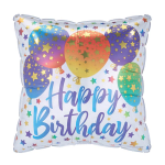 Square birthday balloon with colorful stars and the words Happy Birthday