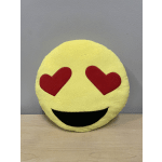 Heart-eyes emoji plush pillow in yellow, red, and black