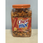 Jar of Chex Mix snack mix with an orange lid