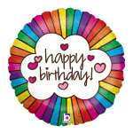 Round rainbow balloon with "happy birthday!" text and hearts