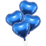 Four blue heart-shaped foil balloons on strings