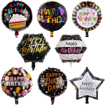 Assorted birthday balloons with colorful printed messages on a white background.