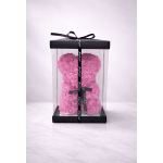 Pink rose teddy bear in a clear gift box with a black ribbon