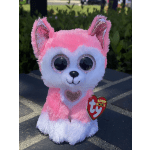 Pink and white plush fox with glittery ears and eyes