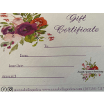Floral gift certificate with purple text and watercolor flowers