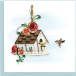 Greeting card with quilled paper birdhouse, two small birds, and decorative spiral flowers.