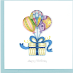 Birthday card with quilled balloons rising from a gift box