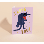 Pink greeting card with a black cat and the words I LOVE YOU