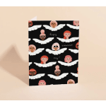 Valentine's Day card with illustrated winged faces on a black background