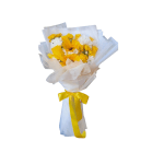 Yellow and white mixed bouquet wrapped in pale paper with a yellow ribbon