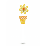 Decorative yellow flower pick in a striped pot with a green stake