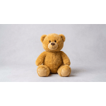 Plush teddy bear sitting against a plain light background.