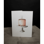 Greeting card with a painted birthday cake on a stand