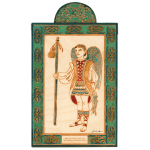 Decorative wooden plaque of an angel holding a staff, framed with ornate green and gold border.