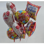 Cluster of colorful birthday balloons with printed messages