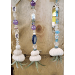 Three hanging bead-and-shell air plant ornaments