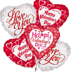 Cluster of heart-shaped Valentine’s Day balloons in red, pink, and white