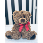 Brown teddy bear with a red ribbon bow