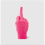 Pink candle shaped like a hand with the middle finger raised