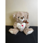 Plush teddy bear holding a heart that says My Love