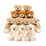 Stack of plush teddy bears in cream and brown tones