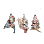 Three hanging Santa ornaments riding a dolphin, seahorse, and turtle