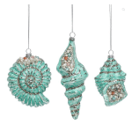 Three turquoise seashell ornaments with pearl-like bead accents