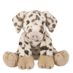 Plush spotted dog toy sitting on a white background