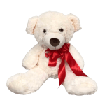 White teddy bear with a red ribbon bow