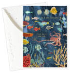 Greeting card with colorful fish and an octopus on a dark blue background