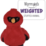 Red plush bird stuffed animal with a product label behind it