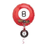 Red and black sports-themed balloons with the number 8