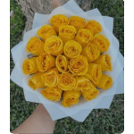 Handheld bouquet of tightly packed yellow roses wrapped in white paper.