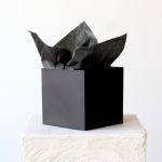 Black gift box with black tissue paper on a white pedestal