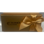 Gold gift box with a satin bow and Emma's Chocolates logo