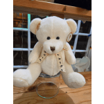 White teddy bear with a paw-print ribbon sitting in a glass container