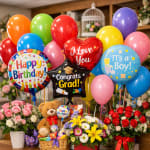 Balloon bouquet with birthday, love, grad, and baby shower balloons above floral gifts