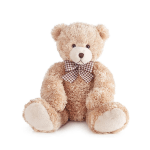 Plush teddy bear with a checkered bow tie