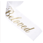 White gift bag with gold "cheered" script