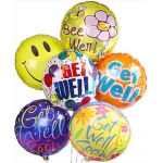 Cluster of colorful get-well balloons with cheerful messages.