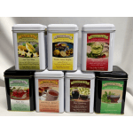 Assorted Tamarack Tea Co. tea tins stacked in two rows