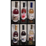 Six bottles of fruit wine with illustrated labels